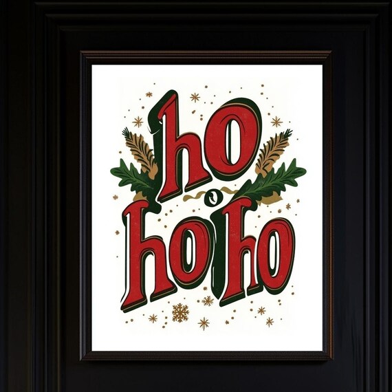 Retro Ho Ho Ho Christmas Typography Snowflake Festive Holiday Print