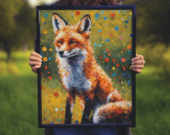 Sitting Red Fox Pointillism Dots Olive Meadow Curious Wildlife Art Poster