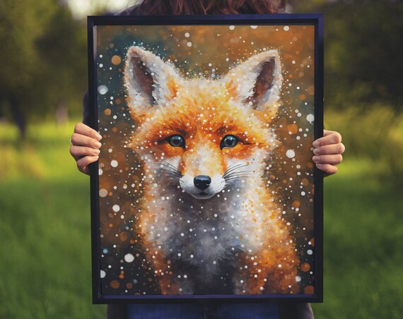 Baby Fox Kit Portrait Orange White Snow Specks Tender Nursery Art Poster