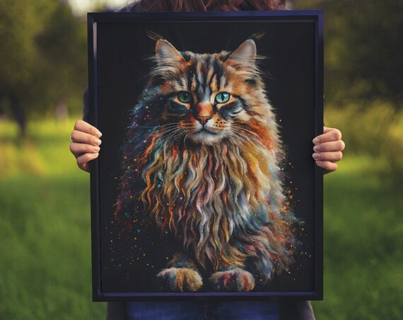 Long Hair Cat Portrait Green Eyes Watercolor Speckle Dark Background Poster