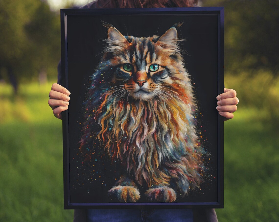 Long Hair Cat Portrait Green Eyes Watercolor Speckle Dark Background Poster
