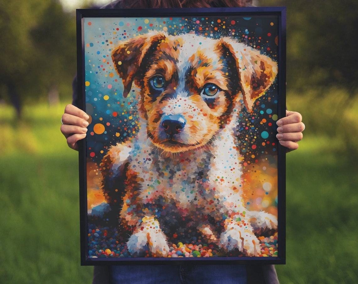 Brown White Puppy Portrait Bright Blue Eyes Speckled Dots Dog Poster