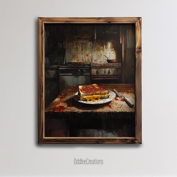 Eerie Grilled Cheese Oil Painting Creepy Kitchen Wall Art Dark Horror Food Decor Gothic Still Life Fod62