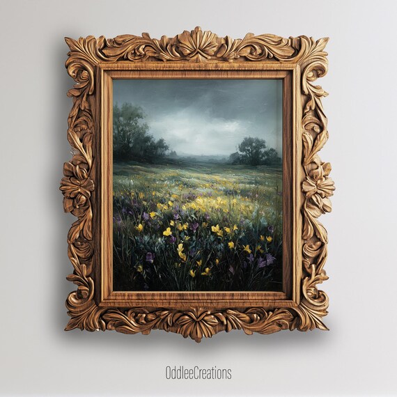 Moody Wildflower Meadow Twilight Dark Academia Oil Painting Print