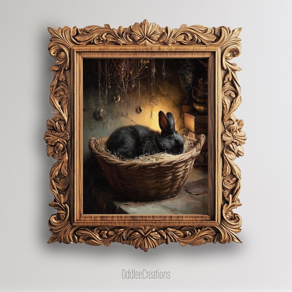 Black Bunny Cozy Witch Cottage Wall Art Print Oil Painting Style Familiar Animal Magic Boho Home Prt114