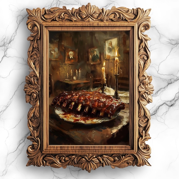 Mouthwatering Southern BBQ Ribs Oil Painting Rustic Kitchen Poster