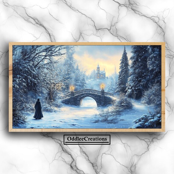 Winter Gothic Bridge Snowy Night Oil Painting Dark Academia Poster