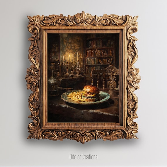 Burger and Fries Candlelit Library Dark Academia Food Art Poster
