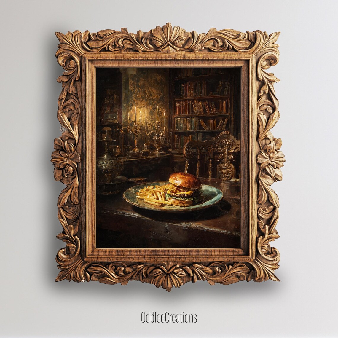 Burger and Fries Candlelit Library Dark Academia Food Art Poster