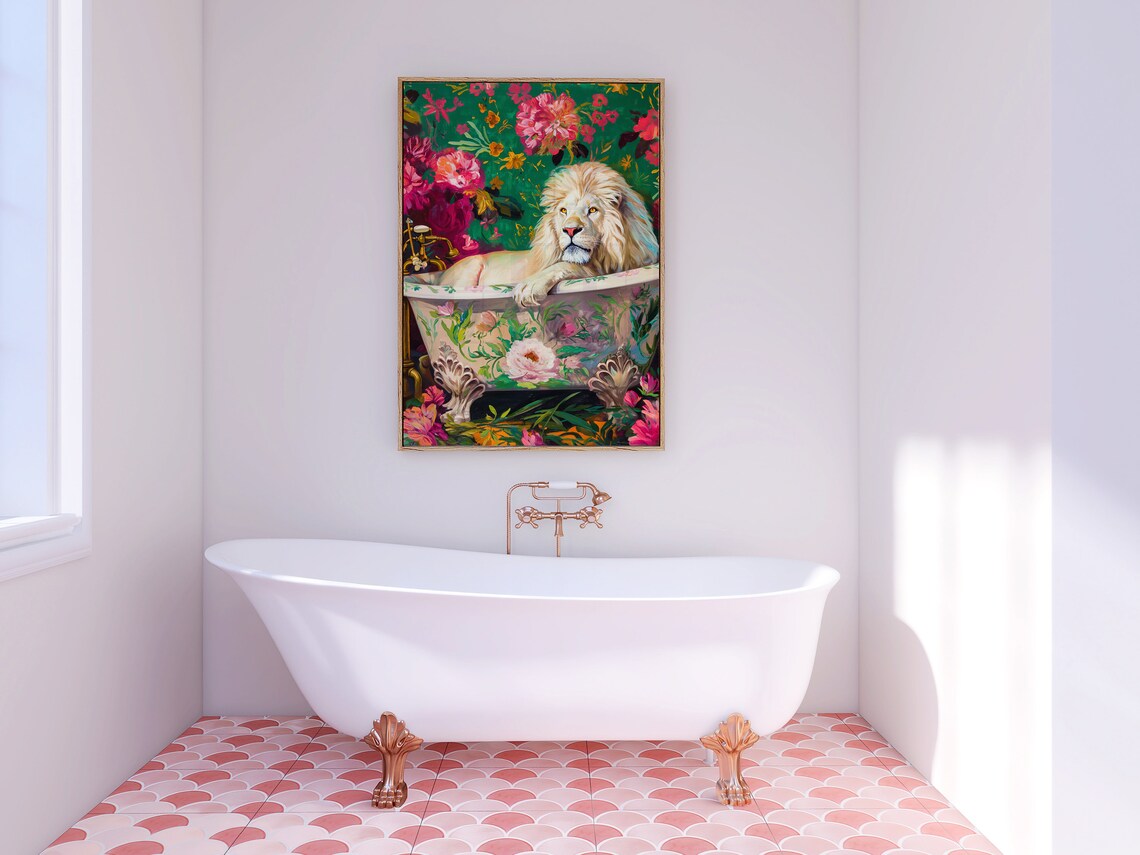 White Lion In Bathtub, Maximalist Oil Painting - Image 4