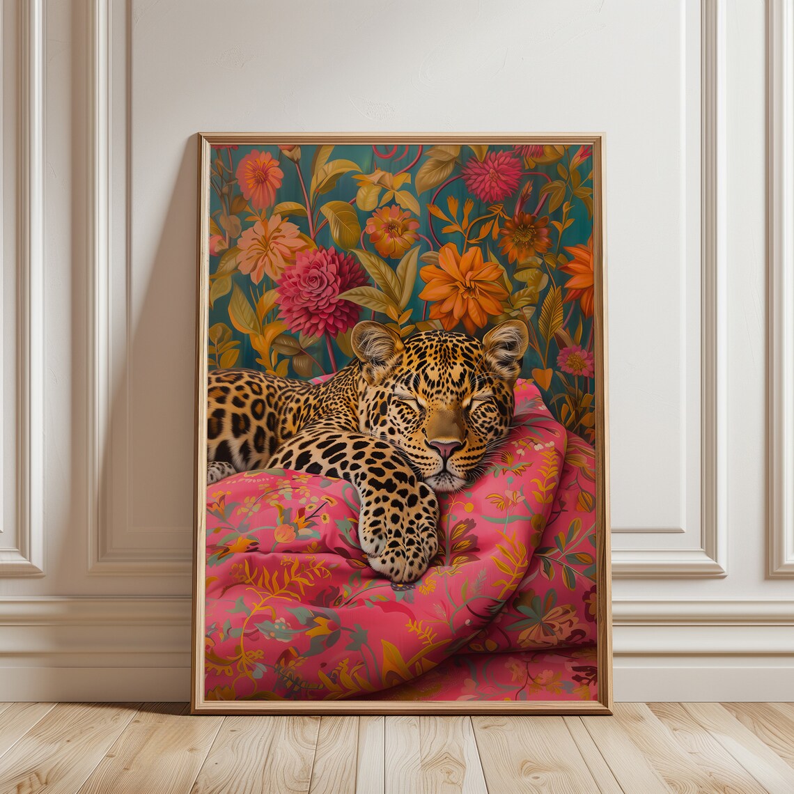 Sleeping Leopard Maximalist Oil Painting, Eclectic Floral - Image 5