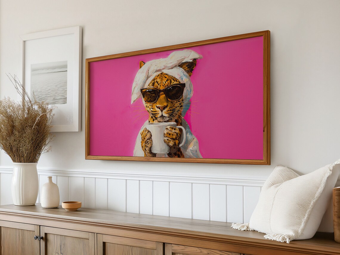 Leopard Drinking Morning Coffee, Maximalist Art Print - Image 3