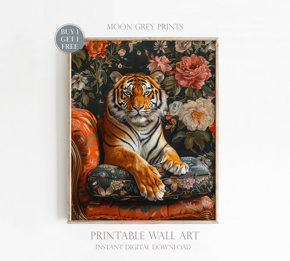 Tiger Laying On Couch, Maximalist Oil Painting