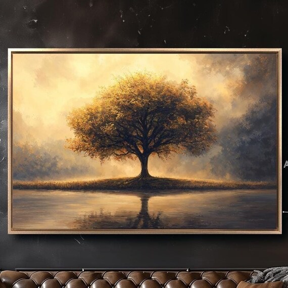 Solitary Tree On Reflective Lake Framed Wall Art Landscape Painting Print Peaceful Wall Decor Serene Nature Poster Ready To Hang Gift