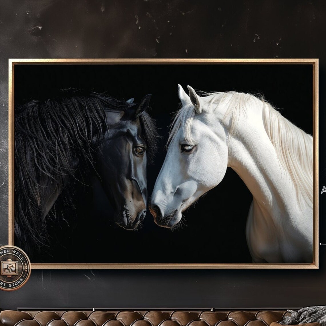 Black White Horse Portrait Pair Dark Background Equestrian Art Poster