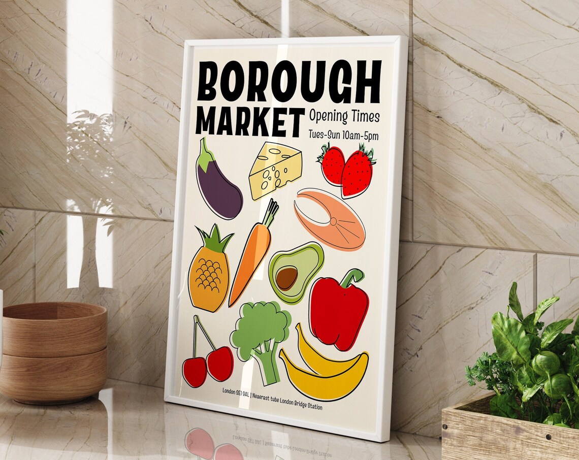 Borough Market London Illustrated Farmers Market Kitchen Poster