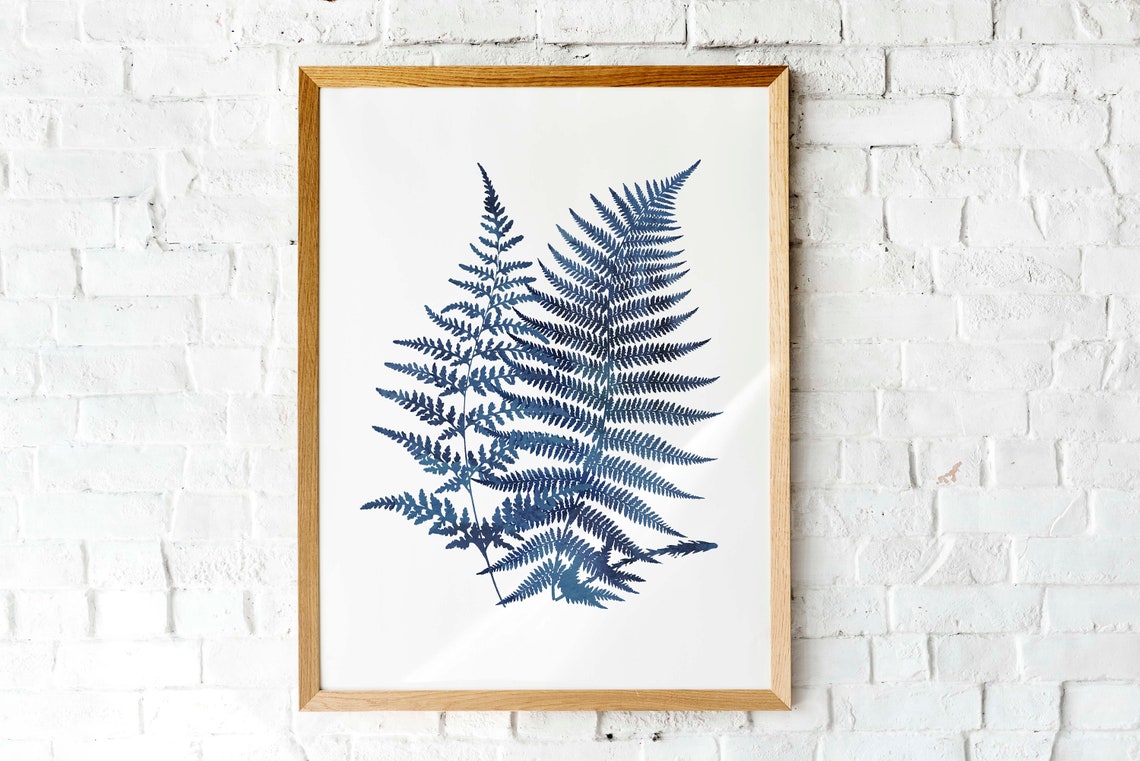 Indigo Blue Fern Fronds Pair Watercolor Botanical White Wall Print