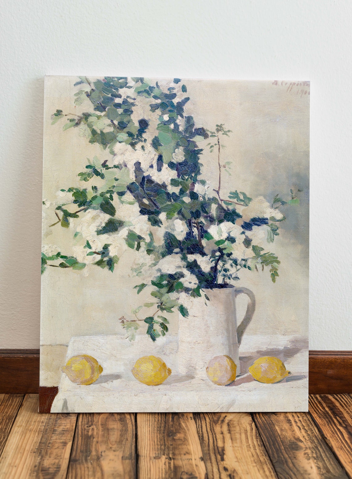White Blossom Pitcher Lemons Vintage Floral Still Life Poster - Image 2