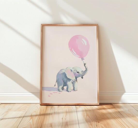 Baby Elephant Holding Pink Balloon Pastel Nursery Art Poster