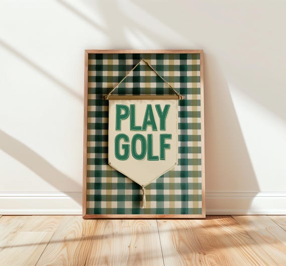 Vintage Play Golf Pennant Print Classic Sports Wall Art Decor Retro Checkered Pattern Rustic Game Room 139