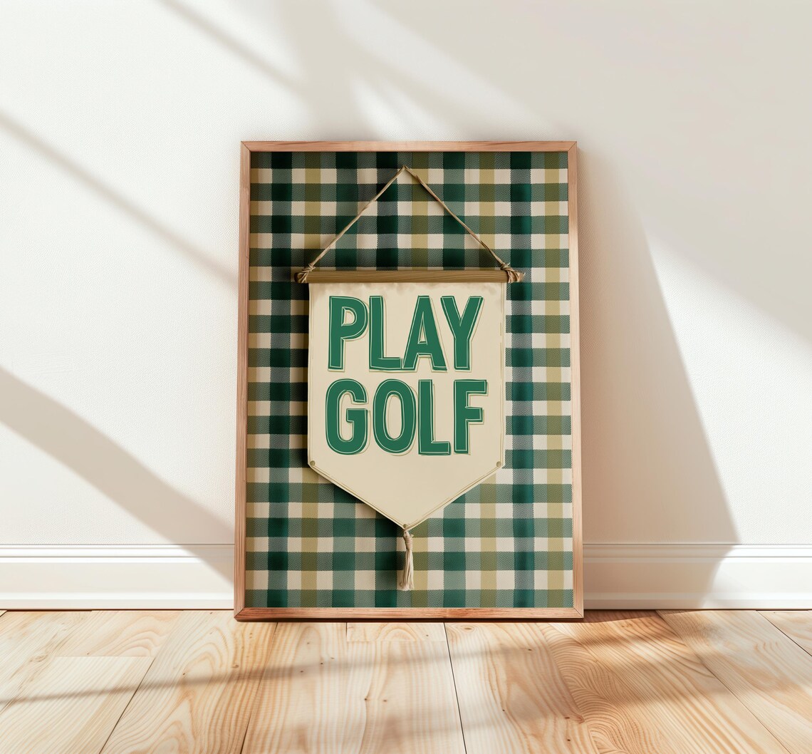 Play Golf Pennant Green Gingham Vintage Classic Country Club Poster