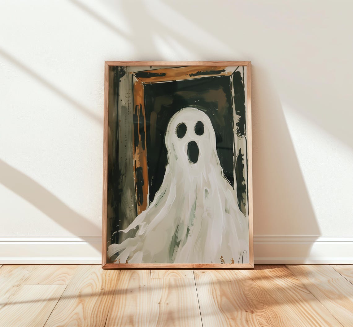 Cute White Ghost in Dark Doorway Halloween Spooky Painting Poster