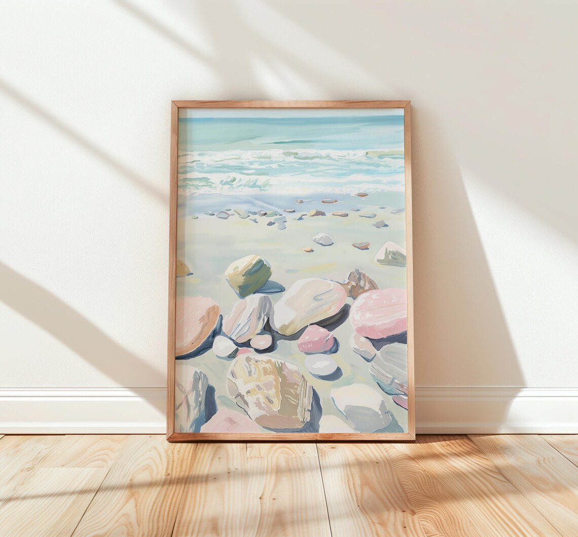 Coastal Driftwood Rocks Watercolor Pastel Beach Serene Art Poster