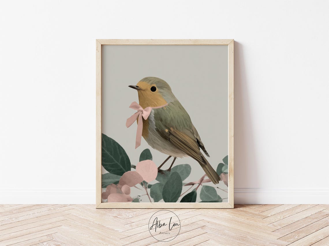 Charming European Robin Bird with Pink Bow Watercolor Nursery Wall Art