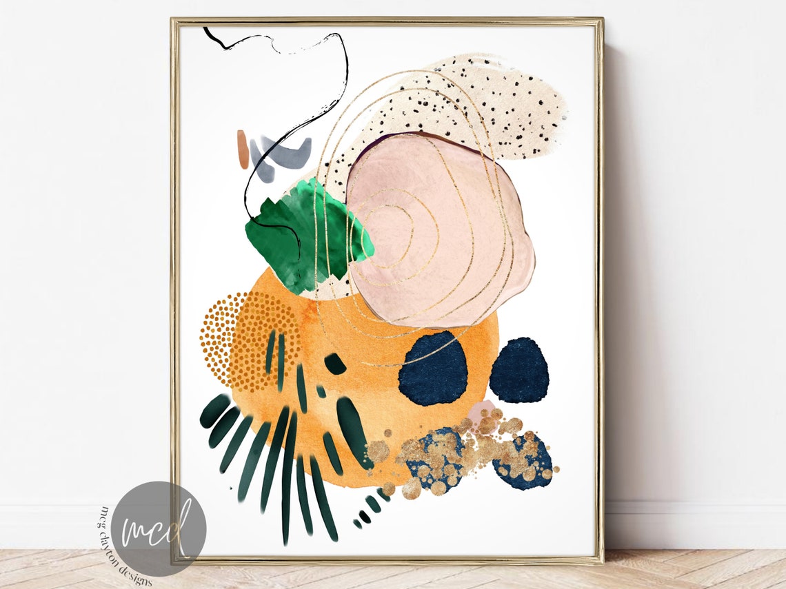 Mustard Yellow Blush Green Navy Abstract Watercolor Modern Poster