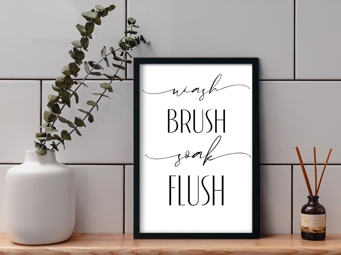 Wash Brush Soak Flush Black and White Bathroom Script Poster - Image 4