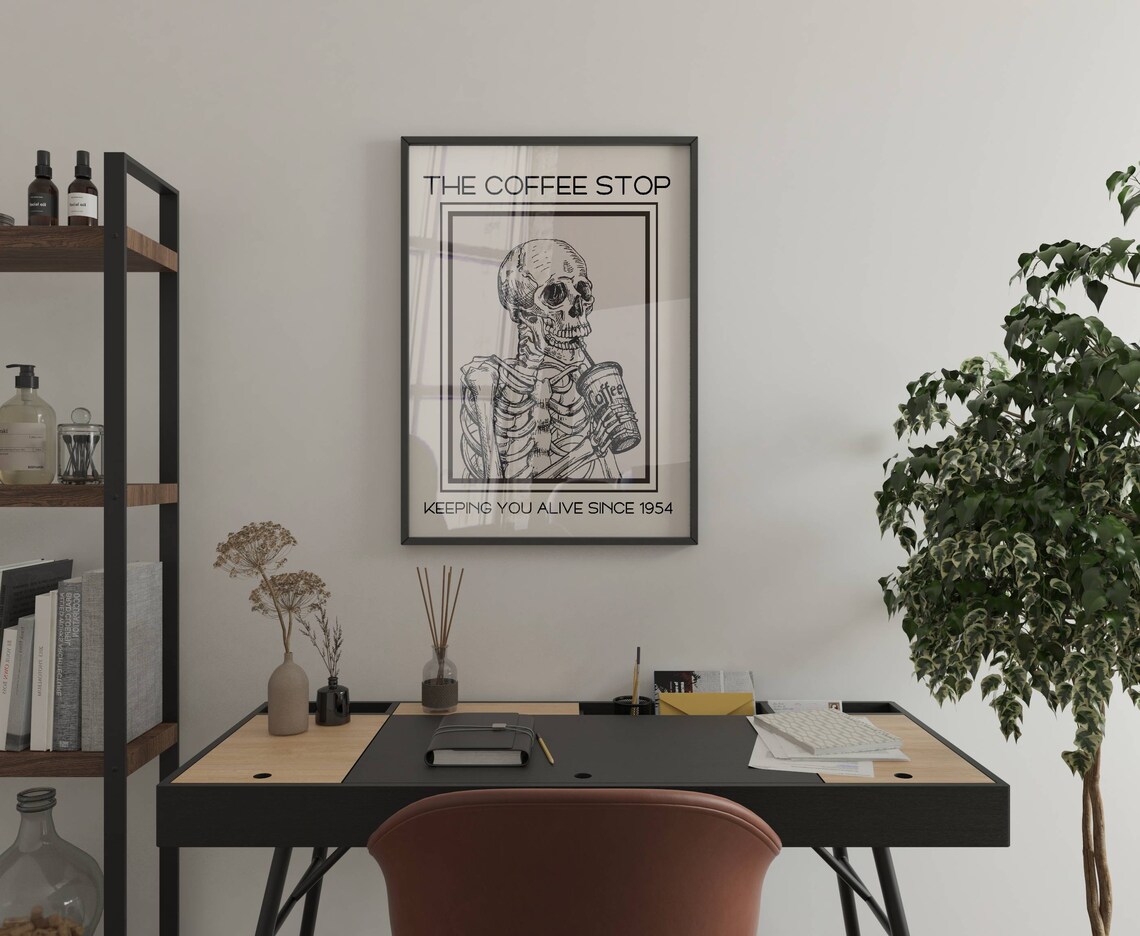 Skeleton With Coffee Art Print, Kitchen Wall Art - Image 2