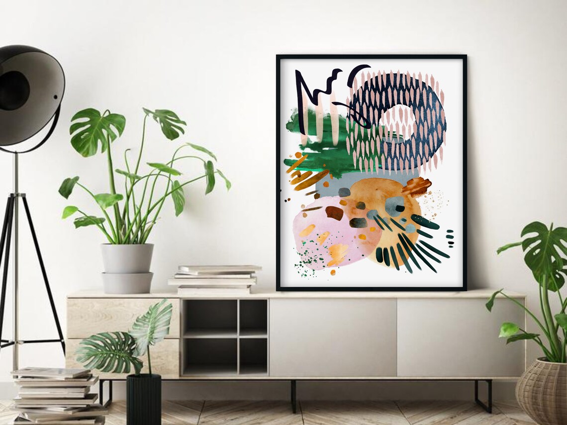 Green Navy Blush Pink Bold Abstract Watercolor Modern Art Poster - Image 2