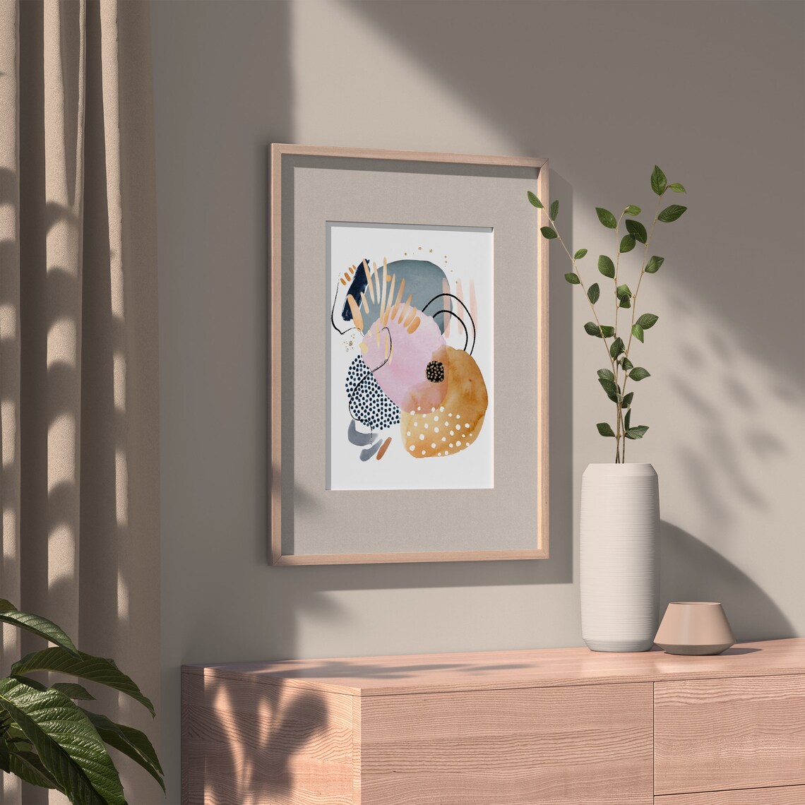 Pink Navy Dots Caramel Gold Abstract Watercolor Shapes Art Poster - Image 4