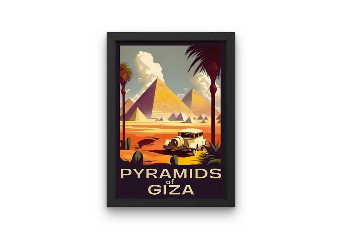 Pyramids of Giza Vintage Sunset Desert Travel Poster Palm Trees View