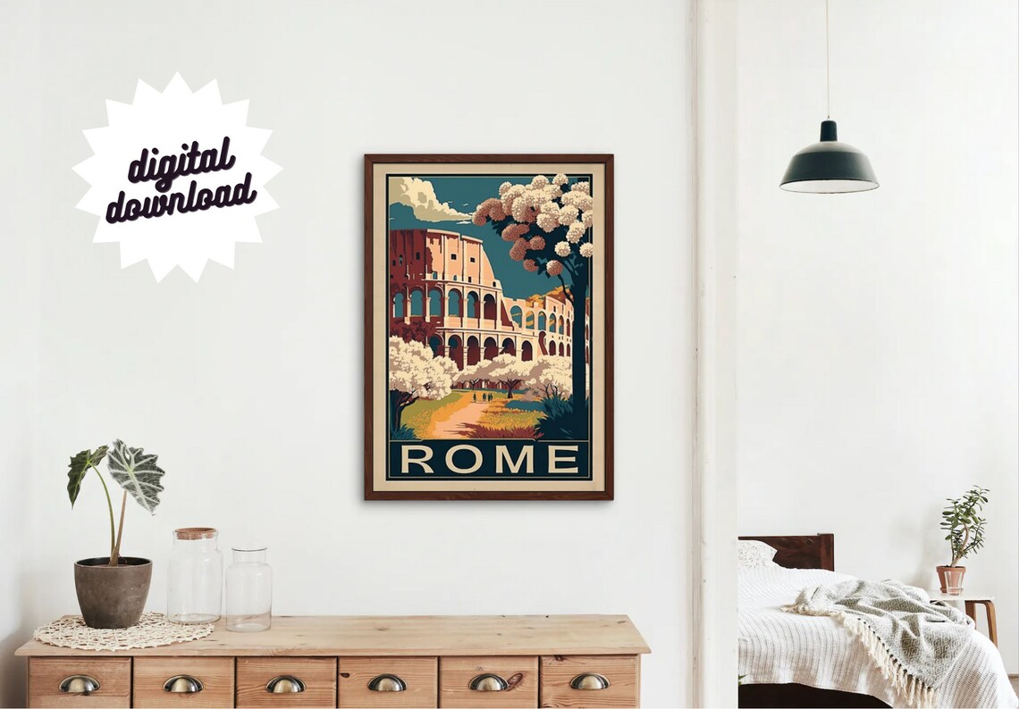 Rome Italy Colosseum Blossom Trees Retro Vintage Travel Poster