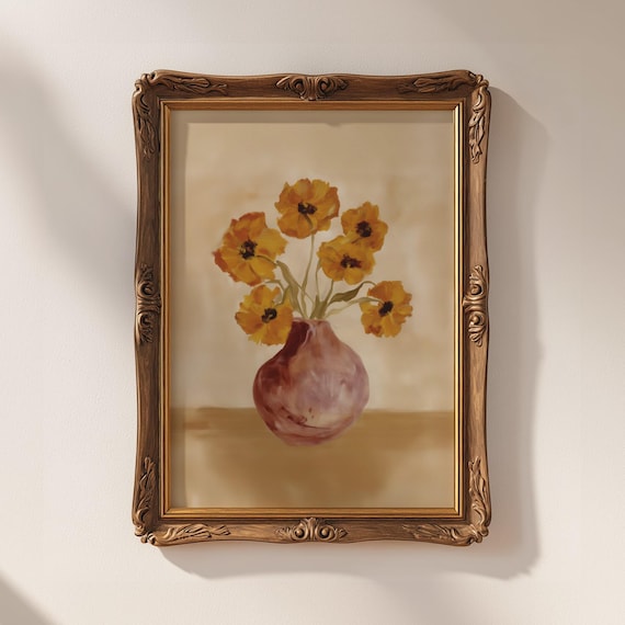 Golden Cosmos Watercolor Flower Bouquet in Rustic Rose Vase Poster