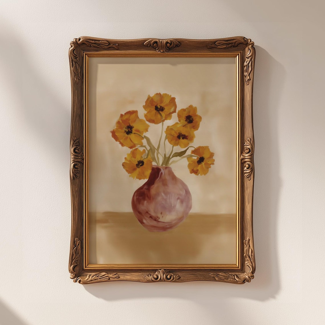 Golden Cosmos Watercolor Flower Bouquet in Rustic Rose Vase Poster