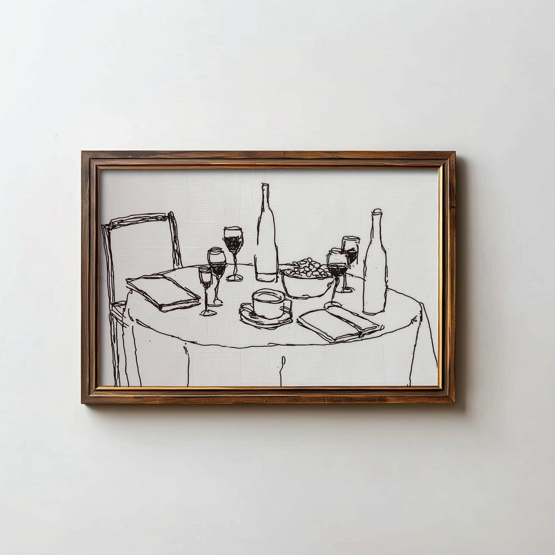 Elegant Dinner Table Ink Sketch Wine Glasses Restaurant Wall Art