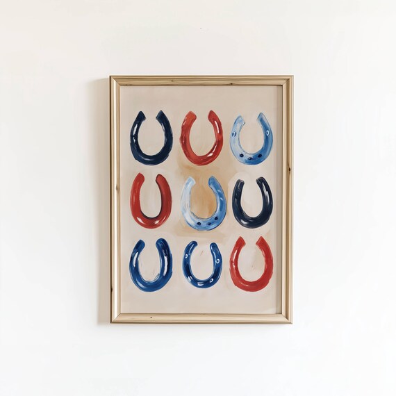Red White Blue Horseshoe Grid Patriotic Western Americana Wall Art Decor