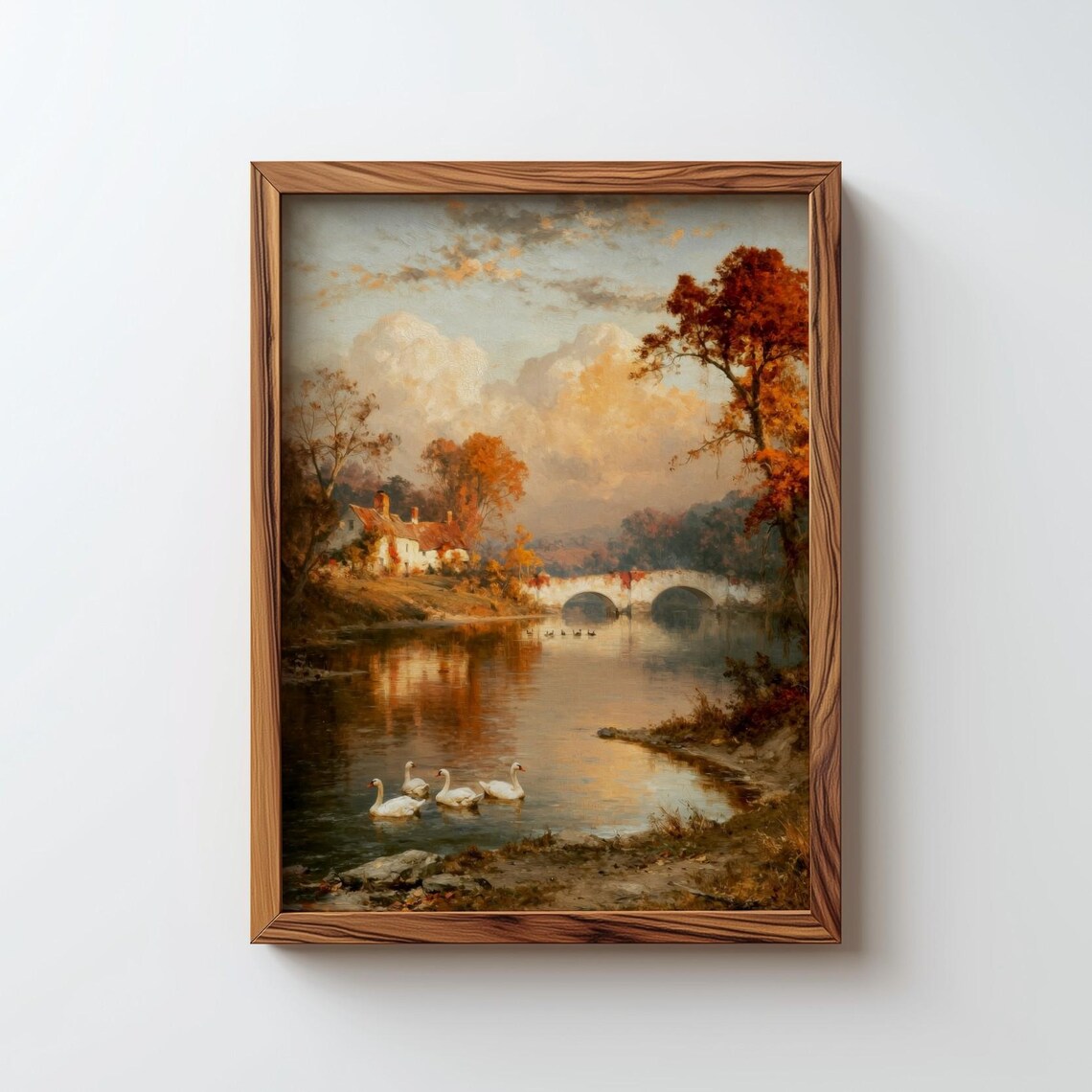 Autumn River Landscape Oil Painting With Swans Stone Bridge Poster