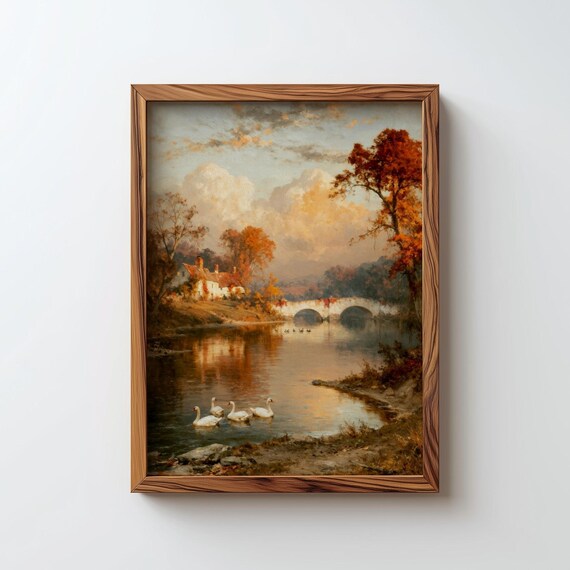 Autumn River Landscape Oil Painting With Swans Stone Bridge Poster