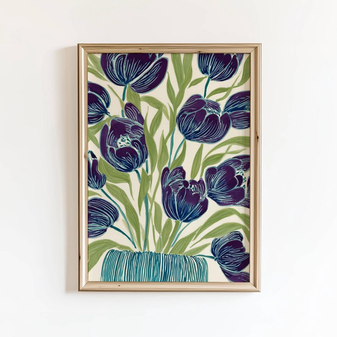 Purple Tulips Stylized Floral Illustration Teal Vase Botanical Poster