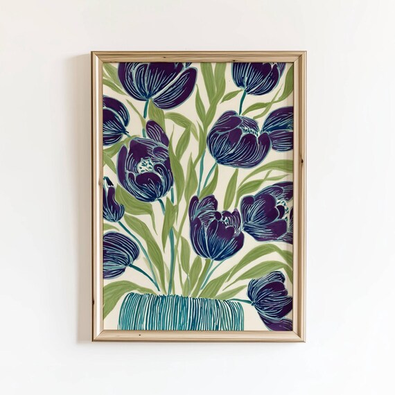 Purple Tulips Stylized Floral Illustration Teal Vase Botanical Poster