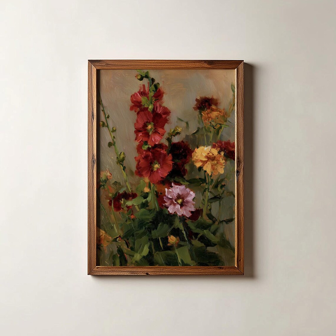 Vintage Hollyhock Flower Oil Painting Cottagecore Floral Art Poster