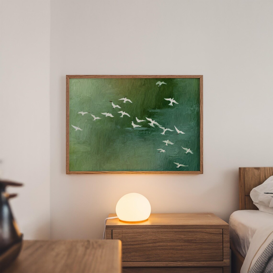 Seagulls in Flight Green Sky Japanese Style Bird Painting Bedroom Poster