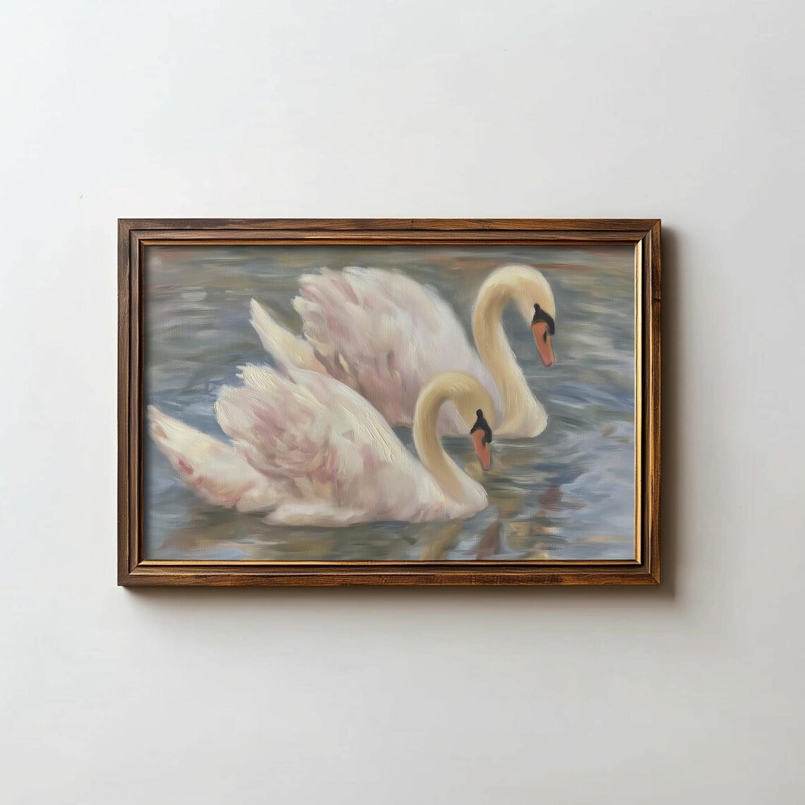 Vintage Swans Lake Painting Print, Bird Wall Art