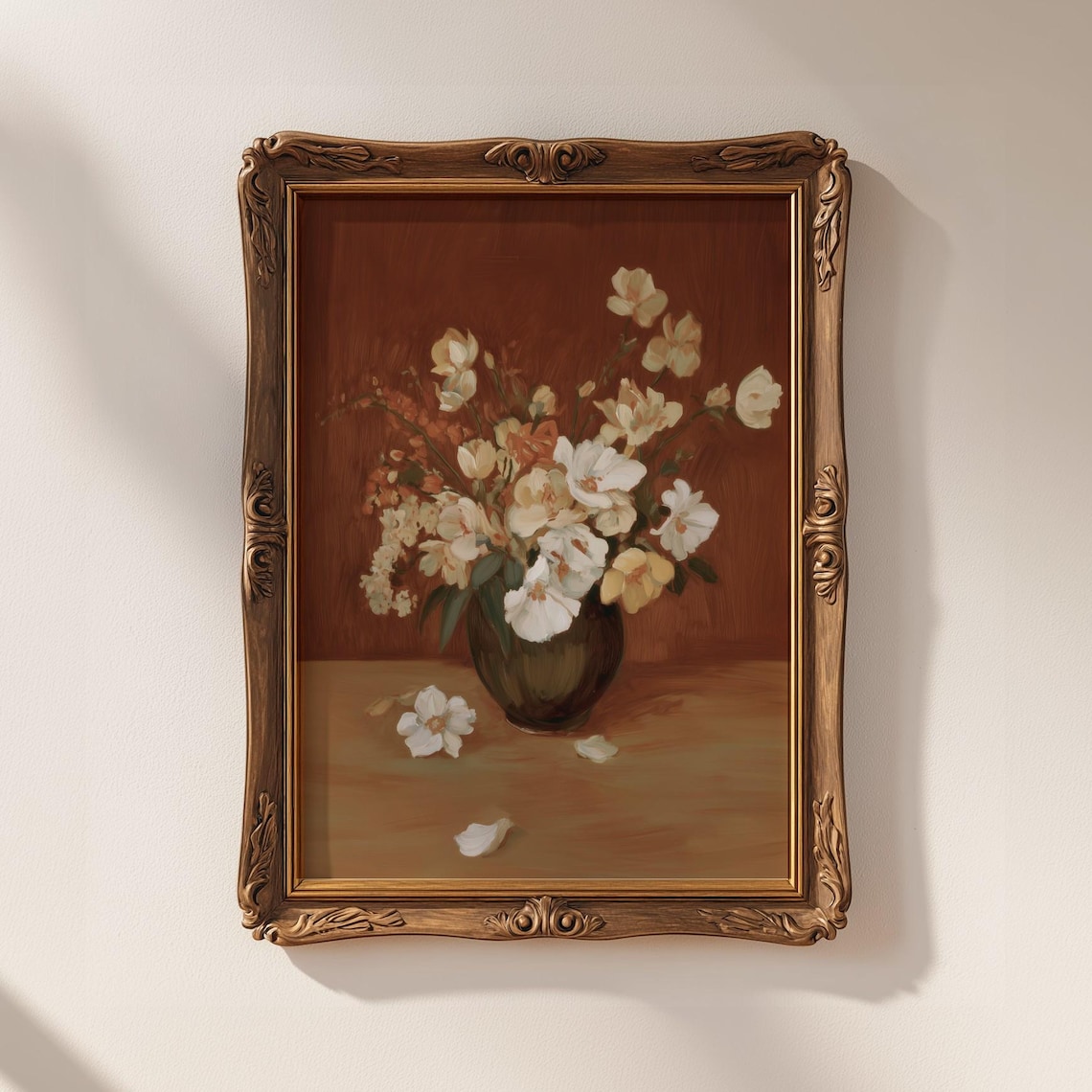White Flowers In Dark Vase Moody Floral Still Life Painting Poster