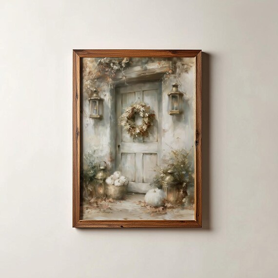 Antique Farmhouse Door With Fall Wreath Lanterns And Pumpkins Art Print