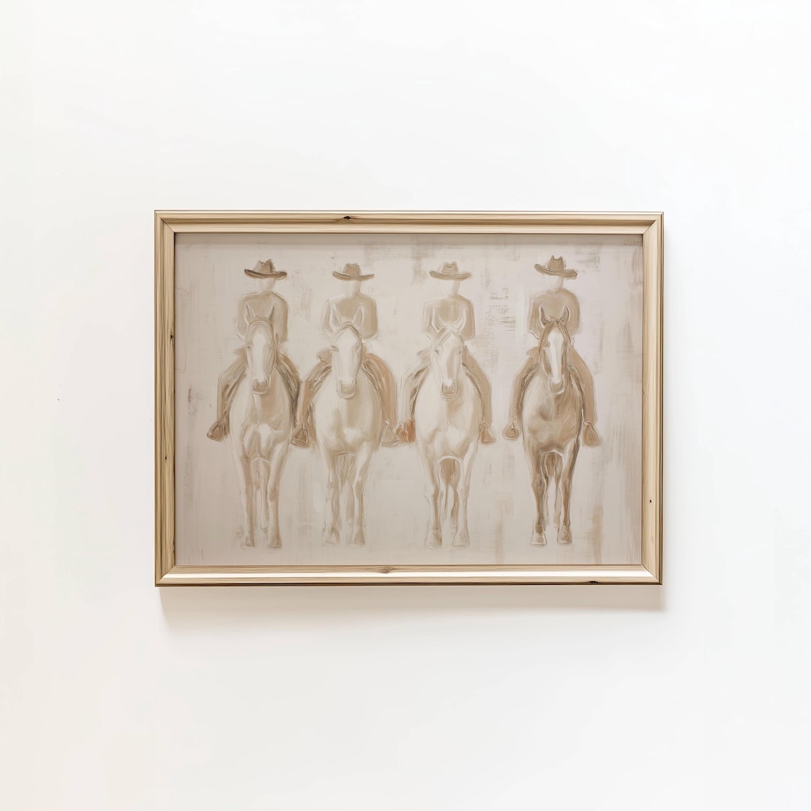 Minimalist Cowboy Riders on Horses Beige Western Line Art Print
