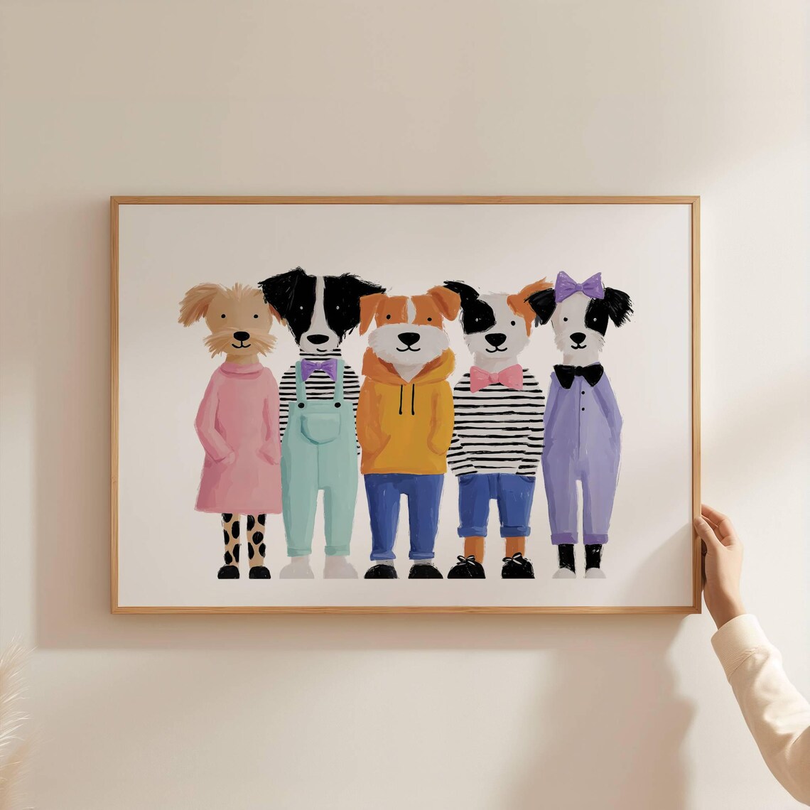 Five Dogs Dressed In Colorful Outfits Playful Animal Art Poster
